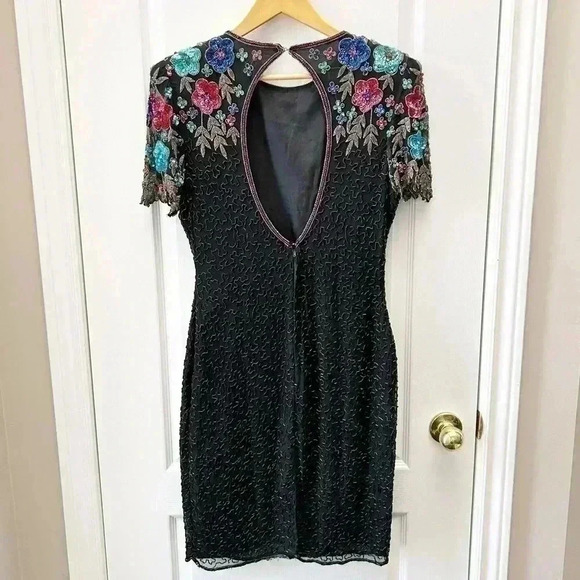 SCALA Sequin Beaded Cocktail Evening Dress Black Multi Colour Open  Back Medium - Picture 4 of 15